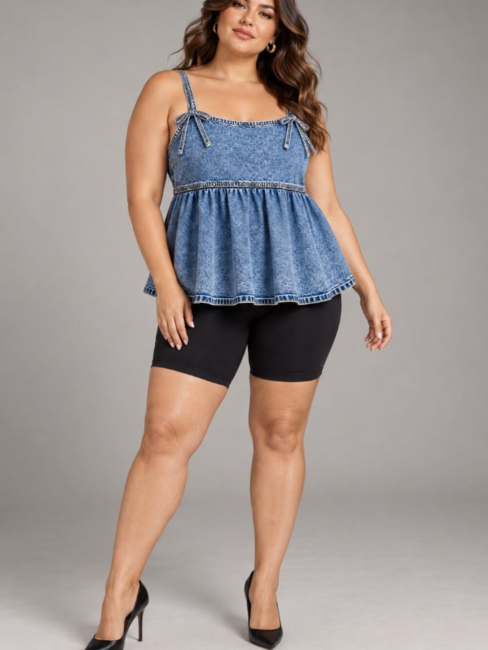 Size XL Acid-Wash Denim Babydoll Peplum Cami Top